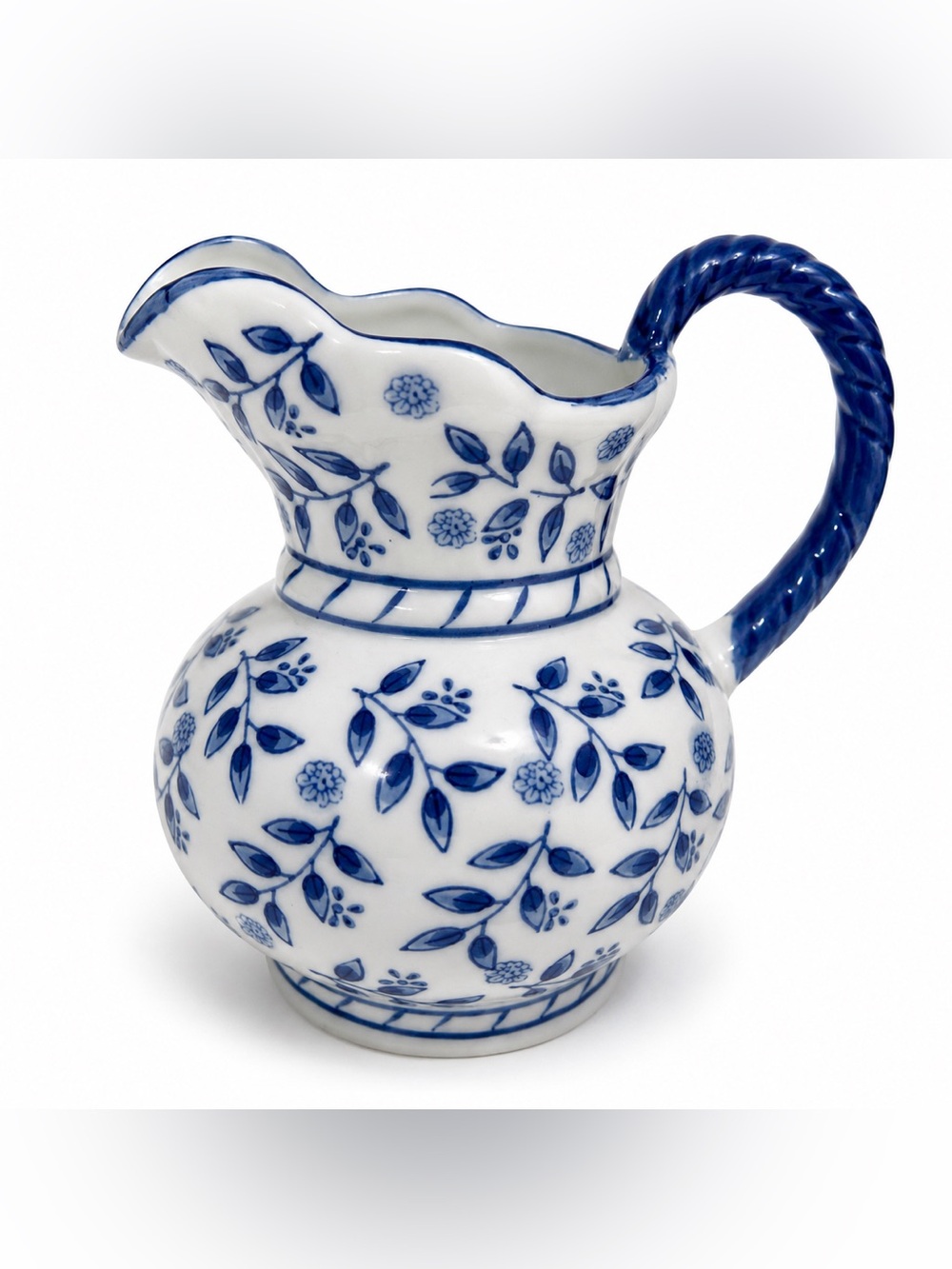 Blue & White Floral Ceramic Pitcher Vase 7.5” - Picture 3 of 4